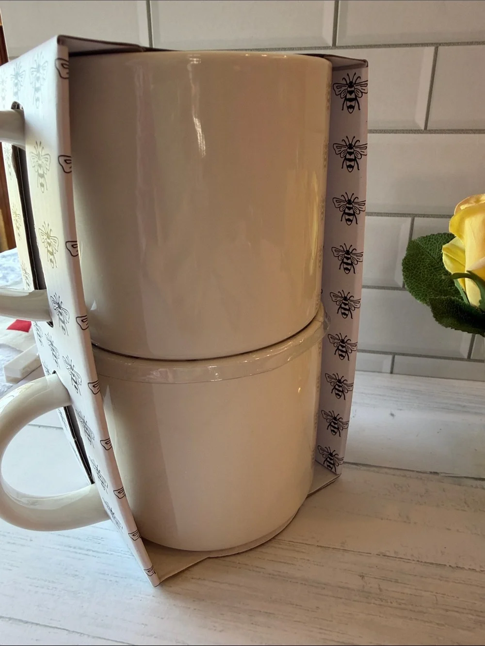 Bee Happy White Ceramic Coffee Mugs - Set of 2